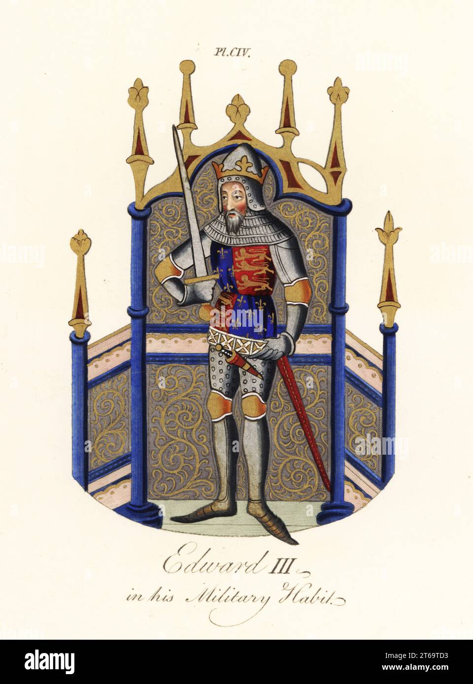 Eduard III., König von England (1327-1377), steht mit gezogenem Schwert, trägt eine Krone, Helm, Anzug aus Platte Rüstung, Kettenpost hauberk, Obermantel der Arme von England, drei Löwen und Fleur-de-lys. Aus einer beleuchteten Initiale E in Historical Compilation, Cotton MS Nero D vi. Handkolorierter Stich von Joseph Strutt aus seiner vollständigen Ansicht des Kleides und der Gewohnheiten der Menschen von England, Henry Bohn, London, 1842. Stockfoto