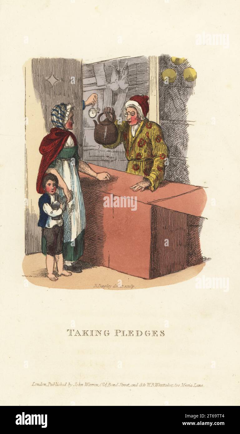 Ein altes Dienstmädchen und ein Kind, die einen Wasserkocher für Alk verpfänden, bei einem Pfandleiher, London, Regency-Ära. Der Junge klammert sich an eine Gin-Flasche. Tom Takeall bietet seine Armbanduhr an. Drei goldene Kugeln im Fenster. Ich Nehme Versprechen An. Handfarbige Kupferplatten-Gravur, gezeichnet und graviert von Richard Dagley aus dem Jahr Takings, oder The Life of A Collegian, John Warren, London, 1821. Stockfoto