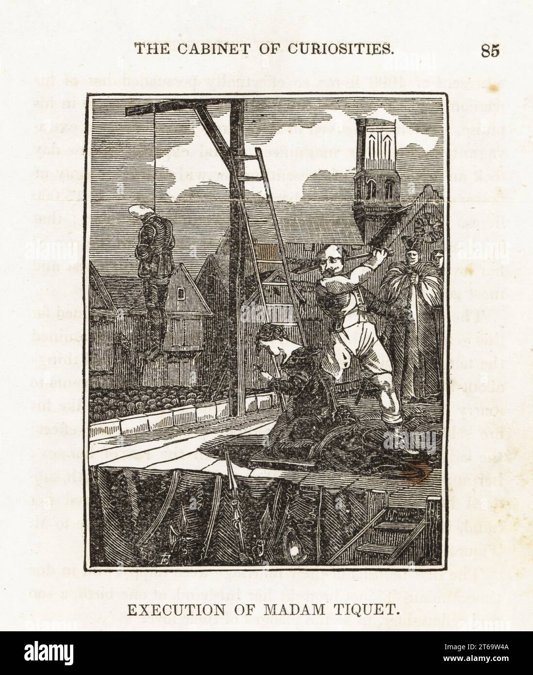 Öffentliche Hinrichtung von Frau Tiquet, Paris, 1699. Enthauptet für den versuchten Mord an ihrem reichen Ehemann. Ihr Portier, Mitverschwörer, hängt an einem Kauz hinter ihr. Der Pfarrkirche St. Sulpice betet rechts. Holzschnitt nach George Cruikshank aus dem Kabinett der Kuriositäten, oder Weltwunder ausgestellt, Henry Piercy, New York, 1836. Stockfoto