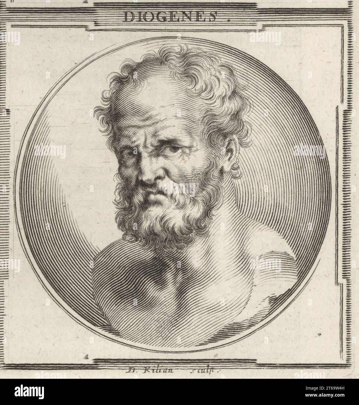 Diogenes, auch bekannt als Diogenes the Cynic oder Diogenes of Sinope, griechischer Philosoph, einer der Gründer des Zynismus, um 412-323 v. Chr. Diogenes. Kupferstich von Bartholomaus Kilian nach einer Illustration von Joachim von Sandrart aus seiner LAcademia Todesca, della Architectura, Scultura & Pittura, oder Teutsche Academie, der Edlen Bau- Bild- und Mahlerey-Kunste, Deutsche Akademie für Architektur, Skulptur und Malerei, Jacob von Sandrart, Nürnberg, 1675. Stockfoto