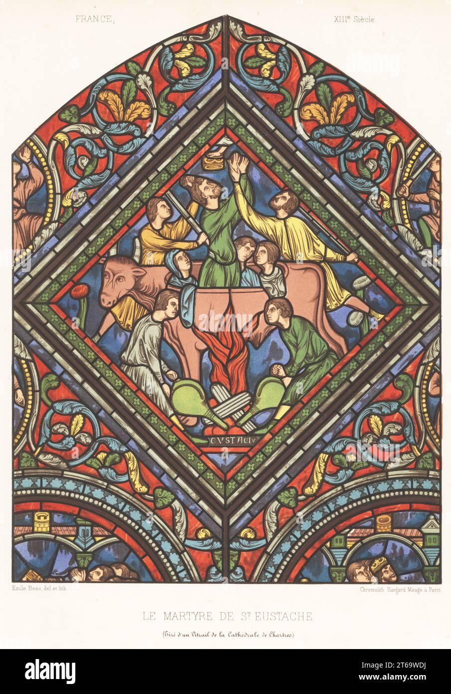 Das Martyrium des heiligen Eustace, römischer General, verbrannte 118 n. Chr. mit seiner Familie in einem dreisten Stier durch den römischen Kaiser Hadrian. Ähnlich wie F 219, LAN. Frau 7019, Bibliothèque Imperiale. Le martyre de St. Eustache. Von einem Buntglasfenster in der Kathedrale von Chartres. Chromolithographie von Emile Beau aus Charles Louandres Les Arts Somptuaires, The Sumptuary Arts, Hangard-Mauge, Paris, 1858. Stockfoto