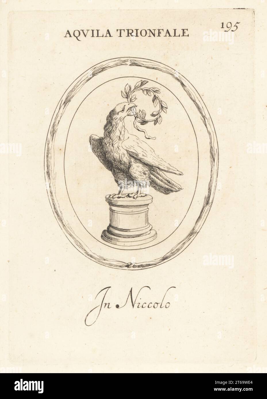 Triumphadler mit Lorbeerkranz. Ein Standard oder Signum einer römischen Legion. In nicolo. Aquila Trionfale. In niccolo. Kupferstich von Giovanni Battista Galestruzzi nach Leonardo Agostini aus Gemmae et Sculpturae Antiquae Depicti ab Leonardo Augustino Senesi, Abraham Blooteling, Amsterdam, 1685. Stockfoto