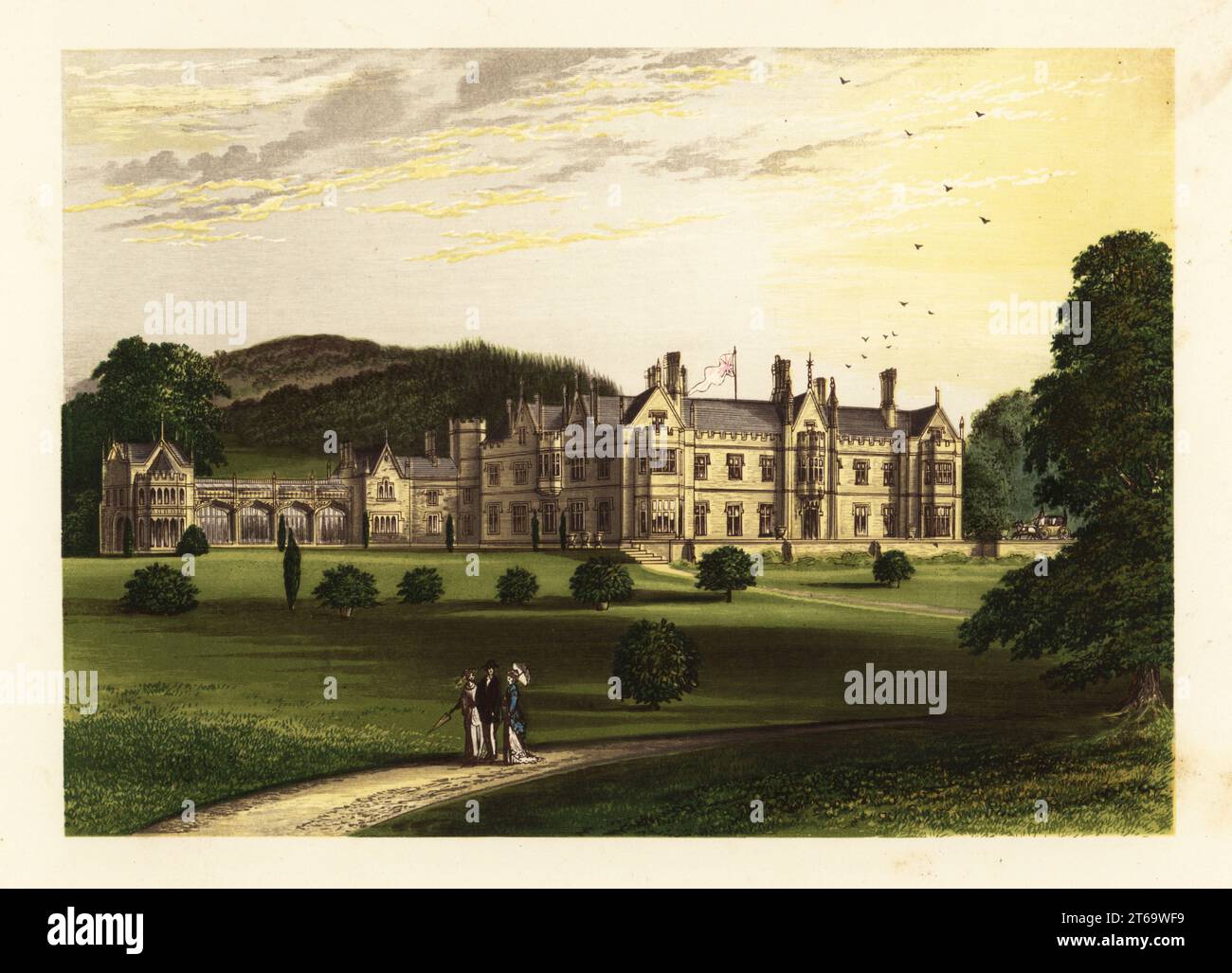 Mamhead House, Devonshire, England. Haus im elisabethanischen Stil, entworfen von Anthony Savin im Jahre 1827-33 auf einem Grundstück, das Capability Brown für den neuen Besitzer Sir Robert William Newman, 1. Baronet, angelegt hatte. Das Haus von Sir Lydston Newman, 3. Baronet. Farbholzblock von Benjamin Fawcett im Baxter-Prozess einer Illustration von Alexander Francis Lydon von Reverend Francis Orpen Morriss malerische Ansichten der Sitze von Adligen und Herren von Großbritannien und Irland, William Mackenzie, London, 1880. Stockfoto