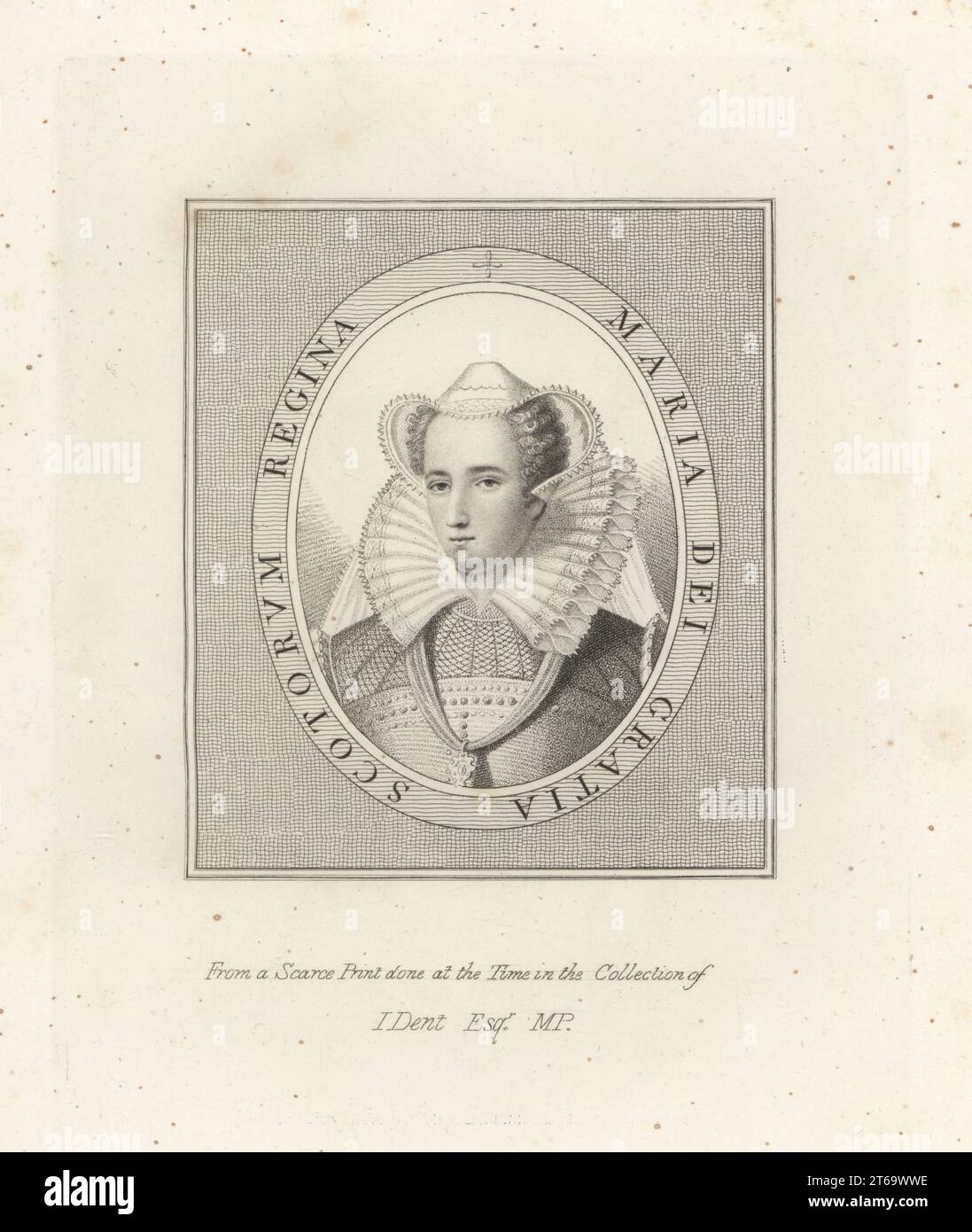 Mary, Königin der Schotten, Mary Stuart, Mary I. von Schottland. 1542-1587. Mit Kapuze, hohem Kragen, Schleier, Kleid mit Band. Maria Dei Gratia Scotorum Regina. Von einem seltenen Druck, der damals in der Sammlung von John Dent MP gemacht wurde. Kupferstich aus der Samuel Woodburns Gallery mit seltenen Porträts bestehend aus Original Plates, George Jones, 102 St Martins Lane, London, 1816. Stockfoto