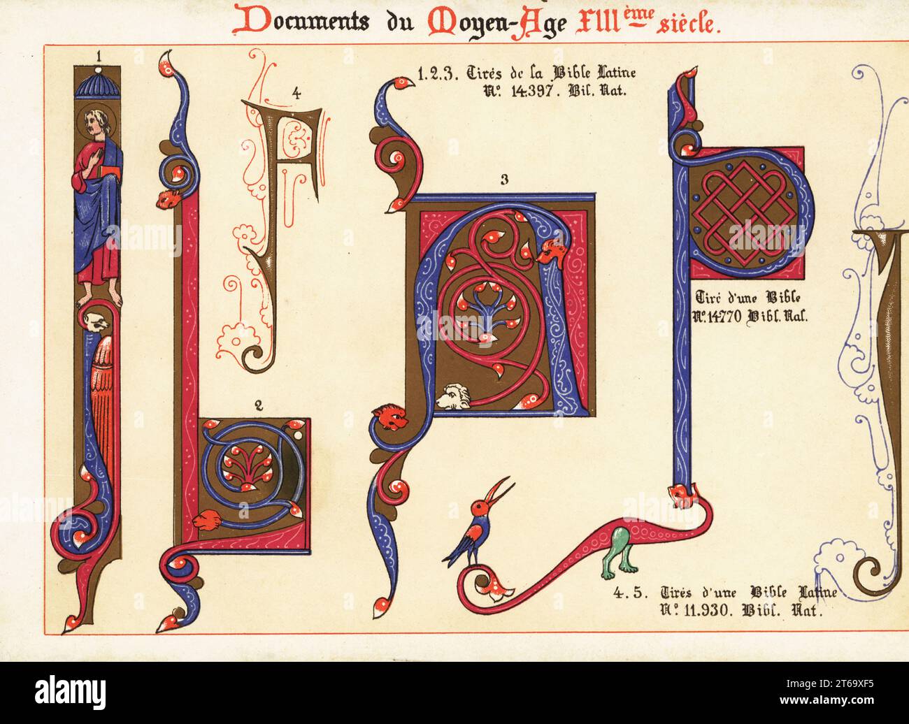 Dekorative Anfangsbuchstaben mit Tieren und Laub aus Bibeln des 13. Jahrhunderts. 123, Tires de la Bible Latine No. 14397 Bib. Nat,; Bibel Nr. 14,770 Bib. NAT.; 4,5 Tires Dune Bible Latine No. 11.930, Bib. Nat. Chromolithographie entworfen und lithographisch von Ernst Guillot aus seiner Ornementation des Manuscrits au Moyen-Age (Ornementation aus Handschriften des Mittelalters), Paris, 1897. Stockfoto