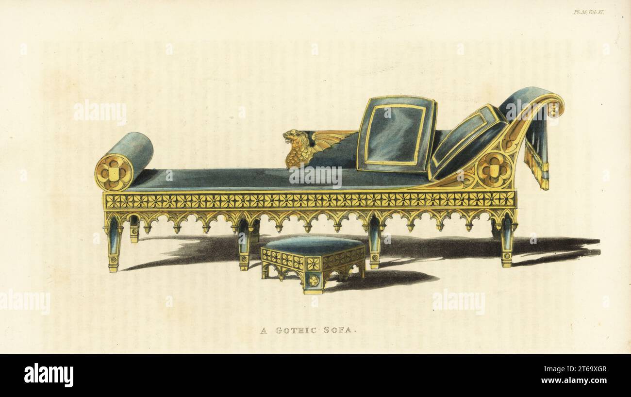 Ein gotisches Sofa für einen Salon. Moderne Chaiselongue mit Eichenrahmen, verziert mit vergoldetem Tracery und Samtkissen aus dem 13. Jahrhundert. Handkolorierter Kupferstich von Rudolph Ackermanns Repository of Arts, Literature, Fashions, Manufakturen usw., Strand, London, 1825. Stockfoto