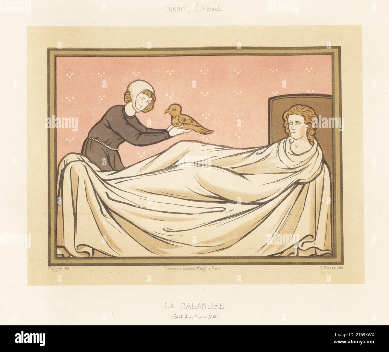 Der Vogel, den Calandre in das Schlafzimmer eines kranken Mannes brachte, weigert sich, ihm zu begegnen, was bedeutet, dass der Mann bald sterben wird. La Calandre, Frankreich, XIIIe Siecle. Aus einem Manuskript Bestiary von Richard de Fournival, Lan. Frau 7019, Bibliothèque Imperiale. Chromolithographie von F. Krause nach einer Illustration von Claudius Joseph Ciappori aus Charles Louandres Les Arts Somptuaires, The Sumptuary Arts, Hangard-Mauge, Paris, 1858. Stockfoto