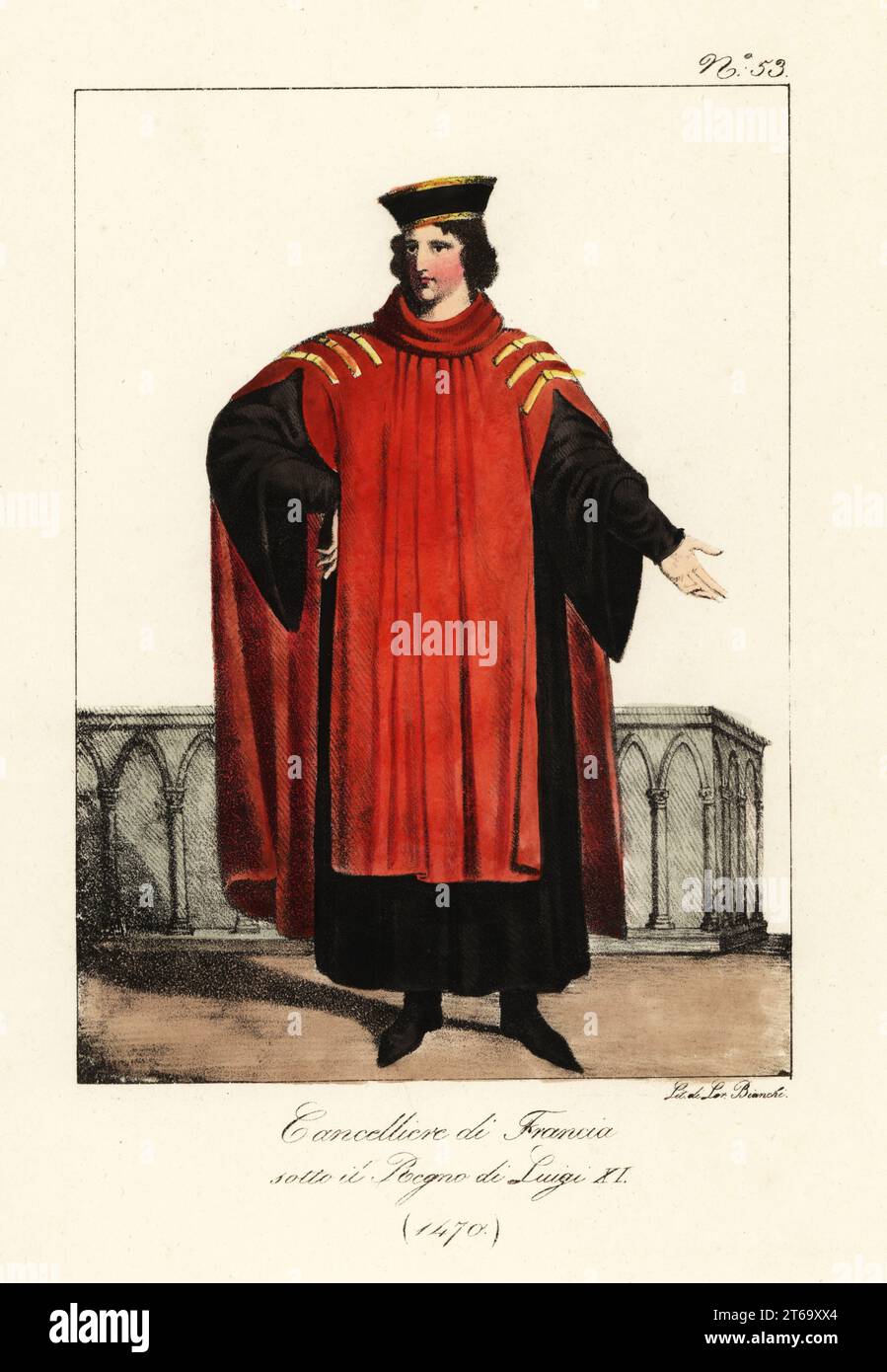 Jean II. Juvenal des Ursins, französischer Geistlicher und Historiker, 13881473. Kanzler von Frankreich während der Regierungszeit von König Ludwig XI In Mütze, scharlachrote Tunika über karmesinroten Gewändern. Juvenel des Ursins, Chancelier de France. Regne de Louis XI, 1470. Handkolorierte Lithographie von Lorenzo Bianchi nach Hippolyte Lecomte aus Costumi civili e militari della monarchia francese dal 1200 al 1820, Neapel, 1825. Italienische Ausgabe der Lecomtes Zivil- und Militärkostüme der französischen Monarchie von 1200 bis 1820. Stockfoto