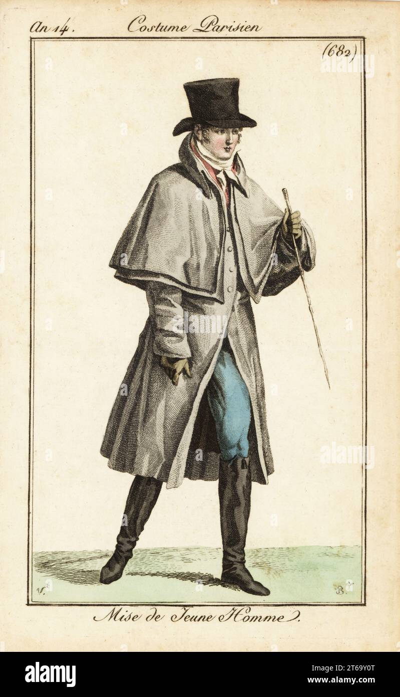 Kostüm eines jungen Dandy, Paris, 1805. Er trägt einen Oberhut, einen carrick-Mantel oder eine Reithose mit cape-Kragen, eine Krawatte, eine Weste, eine Hose und Stiefel. Er hält eine Reiternte. Mide de jeune homme. Handkolorierter Kupferstich von Pierre-Charles Baquoy nach Carle Vernet aus Pierre de la Mesangeres Journal des Dames et des Modes, Zeitschrift für Frauen und Mode, Paris, an 13, 1805. Stockfoto