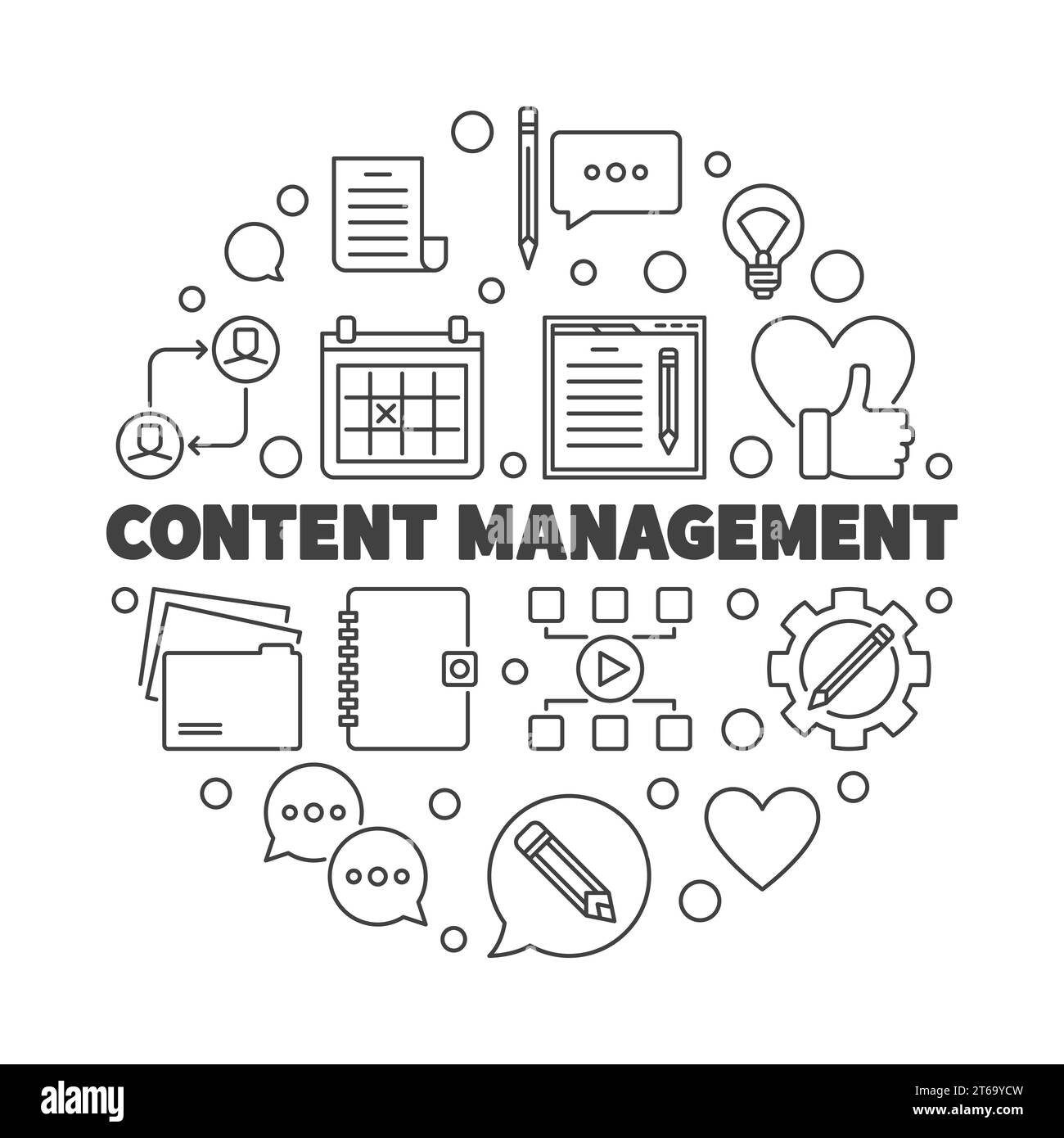 Content-Management-Vektor einfache runde Konzept dünne Linie Illustration Stock Vektor