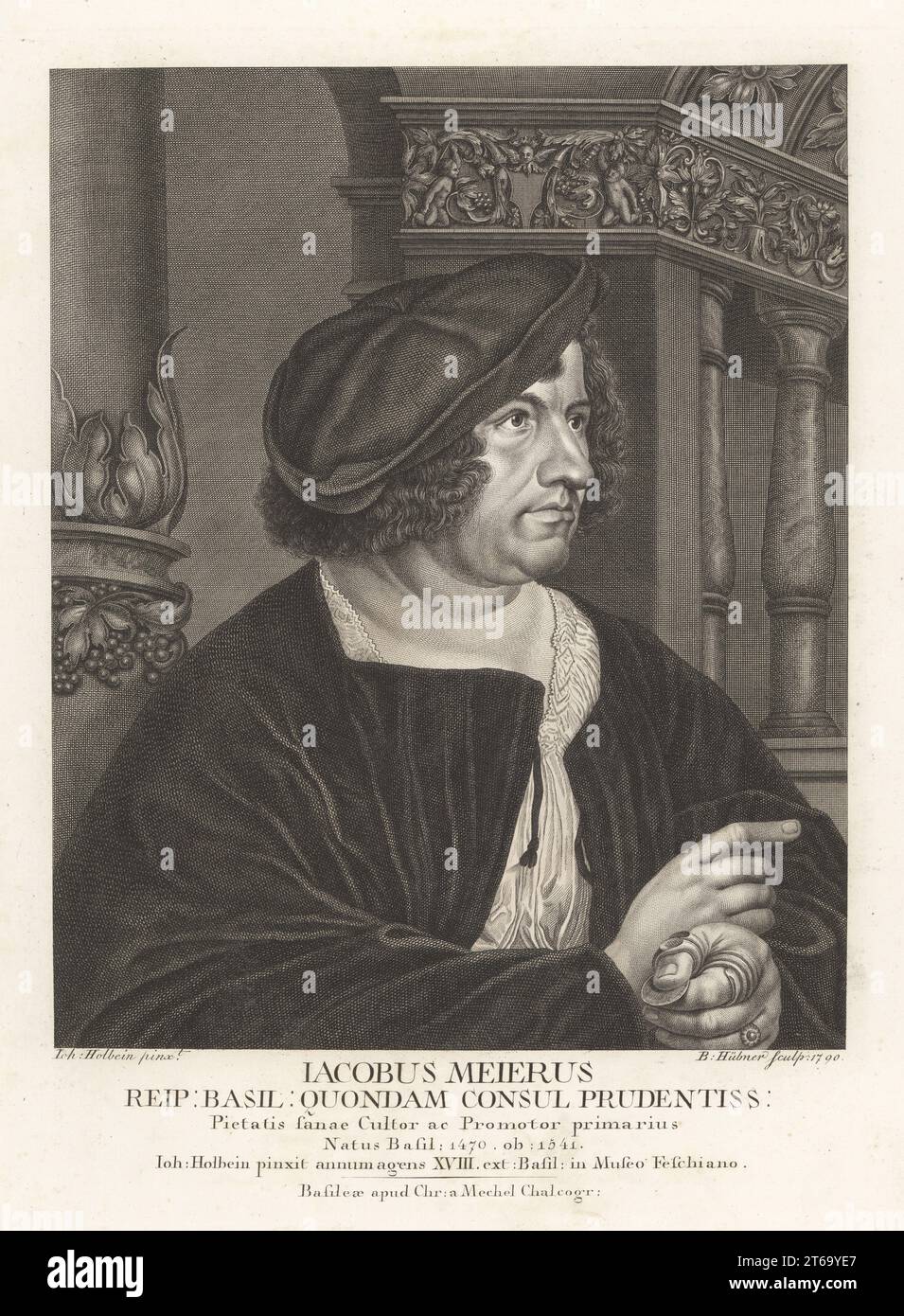 Porträt von Jakob Meyer zum Hasen, Geldwechsler und bürgermeister von Basel, 1482-1531. Iacobus Meierus, Reip: Basil: Quondam Consul Prudentiss. Kupferstich von Bartholomaus Hubner nach einem Porträt von Hans Holbein in Christian von Mechels Werk de Jean Holbein, chec Guillaume Haas, Basel, 1790. Stockfoto