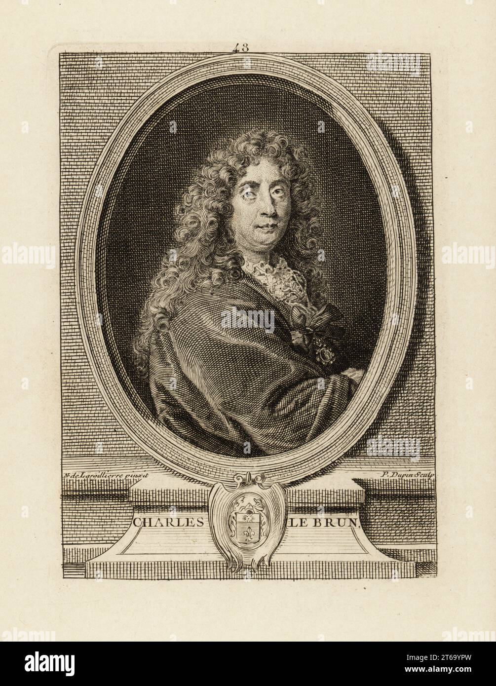 Porträt von Charles le Brun, französischer Maler, Physiognomiker und Kunsttheoretiker, 1619-1690. Kupferstich von Pierre Dupin nach einem Porträt von Nicolas de Largiliere, erschienen im 18. Jahrhundert. Stockfoto