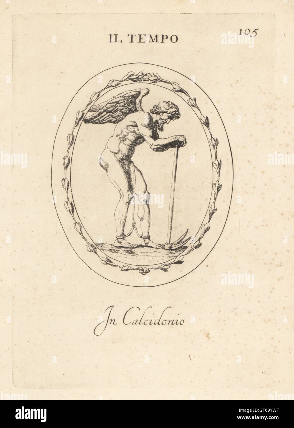 Figur des Vaters Zeit, bärtiger alter Mann mit Flügeln, Beine in Fesseln, auf einer Sense gelehnt. In Chalcedon. Il Tempo. In Calcidonio. Kupferstich von Giovanni Battista Galestruzzi nach Leonardo Agostini aus Gemmae et Sculpturae Antiquae Depicti ab Leonardo Augustino Senesi, Abraham Blooteling, Amsterdam, 1685. Stockfoto