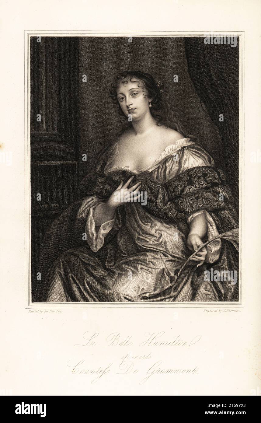 Elizabeth Hamilton, La Belle Hamilton, später Gräfin de Grammont, Ehefrau von Philibert de Grammont, einer der Schönheiten von Windsor, 1641–1708. Höflinge am Hof von König Karl II. Von England und später König Ludwig XIV. Von Frankreich. Dargestellt als Heilige Katharina mit einem Märtyrerpalmblatt und einem Rad neben der Säule hinter ihr. Stahlstich von J. Thomson nach einem Porträt von Sir Peter Lely von Mrs Anna Jamesons Memoirs of the Beauties of the Court of King Charles the Second, Henry Coburn, London, 1838. Stockfoto