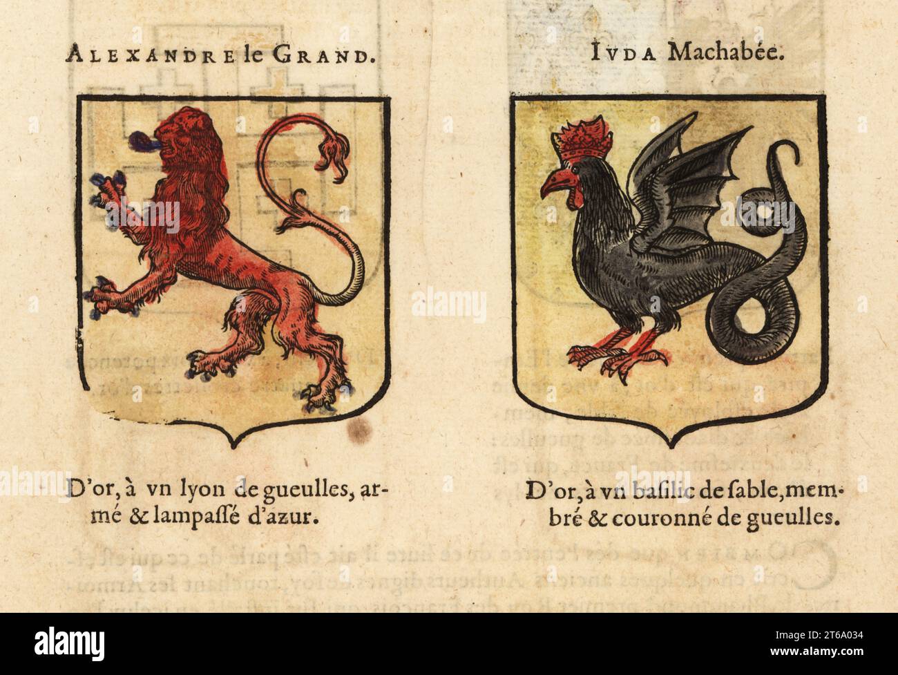 Imaginäre Wappen der neun Worthies: Alexander der große mit Löwe, Judas Makkabeus mit schwarzem Basilisk oder Kakatrice. ALEXANDER le GRAND, JUDA Machabee, handkolorierter Holzschnitt von Hierosme de Baras Le Blason des Armoiries, Chez Rolet Boutonne, Paris, 1628. Stockfoto