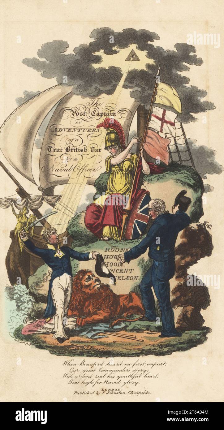 Frontispiz mit Kapitän der Royal Navy und Midshipman vor Britannia und einem britischen Löwen. Britannia mit plumed Helm, Lanze mit Fahnen, Union Jack Schild. Bug, Galionsfigur, Mast und Takelage eines Kriegsmannes. Handkolorierter Kupferstich von Charles Williams vom Post Captain oder Adventures of a True British Tar von einem Marineoffizier, J. Johnston, London, 1817. Wird Alfred Thornton oder John Mitford zugeschrieben. Stockfoto