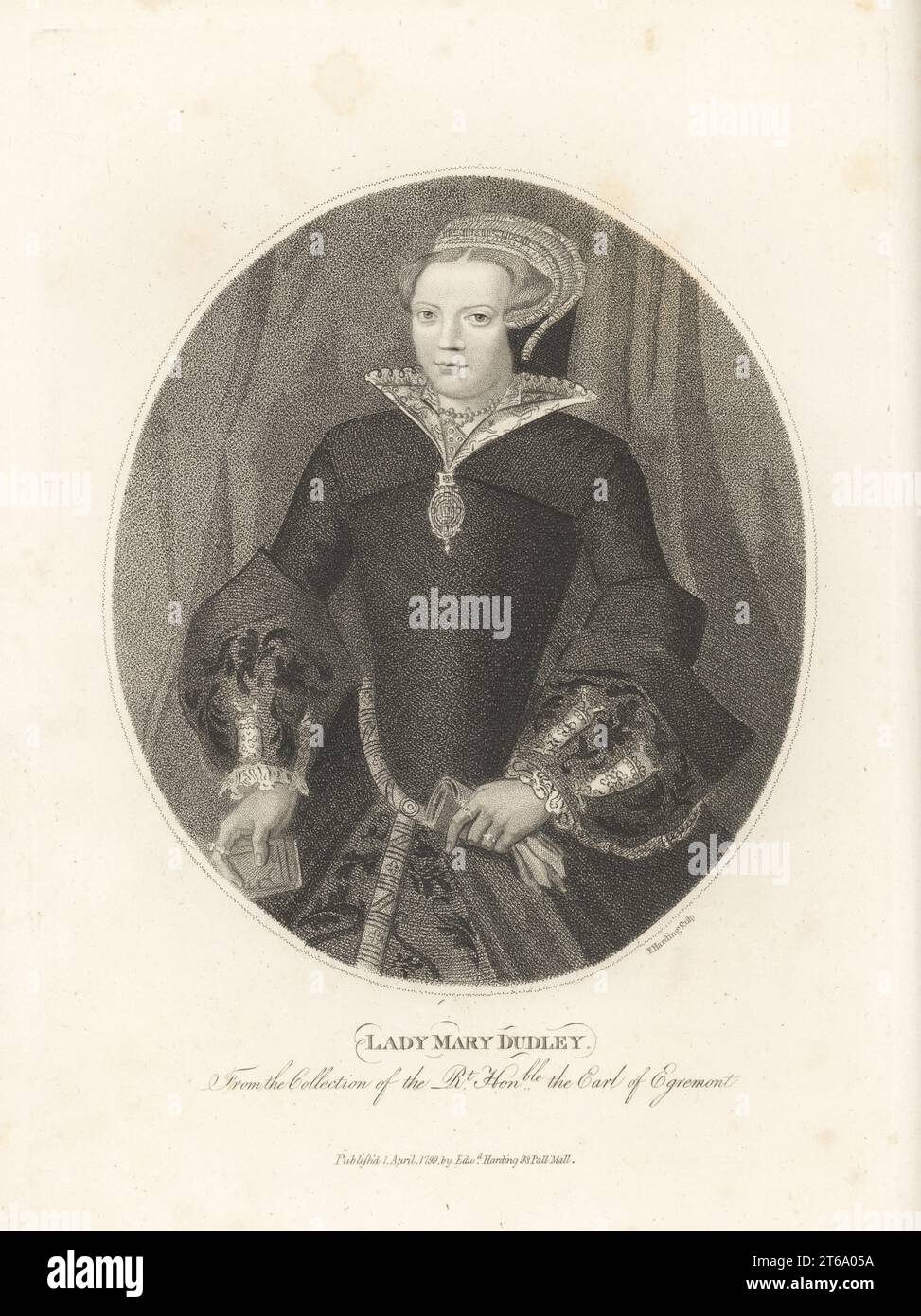Lady Mary Sidney, Hofdame von Königin Elisabeth I., Ehefrau von Sir Henry Sidney, Mutter von Sir Philip Sidney und Mary Sidney Herbert, Gräfin von Pembroke, um 1530–1586. Mit Kapuzenkopf, Spitzenkragen, Oberteil mit großen gestickten Bündchen und Brokatröcken. Lady Mary Dudley. Aus einem Gemälde von Hans Eworth in der Sammlung des Earl of Egremont im Petworth House, West Sussex. Kupferstich von Edward Harding aus John Adolphus the British Cabinet, mit Porträts berühmter Persönlichkeiten, gedruckt von T. Bensley für E. Harding, 98 Pall Mall, London, 1799. Stockfoto