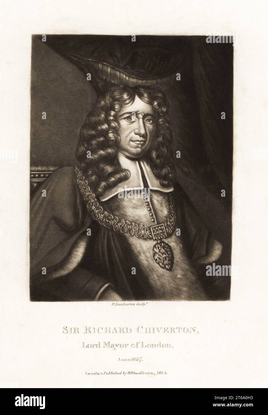 Sir Richard Chiverton, Oberbürgermeister von London, 1657-58, in zeremoniellen Gewändern und Ketten. Mitglied der Worshipful Company of Skinners, kinghted von Oliver Cromwell und wieder von König Karl II. Bei der Restaurierung. Mezzotinta-Stich von Robert Dunkarton nach einem Porträt von Sir Anthony van Dyck aus Richard Earlom und Charles Turners Portraits of Characters Illustrious in British History Graved in Mezzotinto, herausgegeben von S. Woodburn, London, 1814. Stockfoto