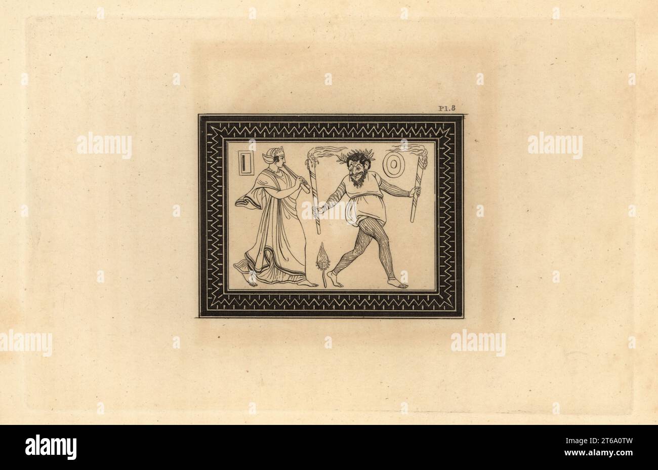 Eine Szene aus einer Komödie mit einem Schauspieler, der als versklavte Person verkleidet ist und eine Maske von Sosius trägt, der zur Musik einer Doppelflöte (Aulos oder Tibia) tanzt, die von einer unmaskierten Frau gespielt wird. Ananas bedeutet, dass die Show Bacchus gewidmet ist. Kupferstich von Thomas Kirk (1765–1797) von Sir William Hamiltons skizziert die Figuren und Kompositionen auf den griechischen, römischen und etruskischen Vasen des verstorbenen Sir Hamilton, T. MLean, London, 1834. Stockfoto
