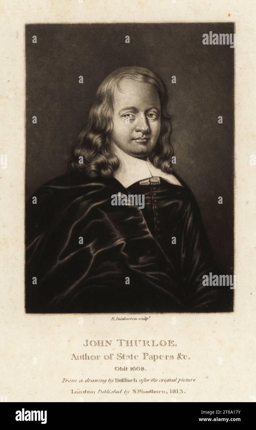 John Thurloe, Autor von State Papers, 1616-1668. Sekretär des staatsrats im Protektorat England, Spymaster für Oliver Cromwell. Mezzotinta-Stich von Robert Dunkarton nach einer Zeichnung von John Bullfinch nach einem Originalbild aus Richard Earlom und Charles Turners Porträts illustrer Charaktere in der britischen Geschichte, graviert in Mezzotinto, herausgegeben von S. Woodburn, London, 1813. Stockfoto