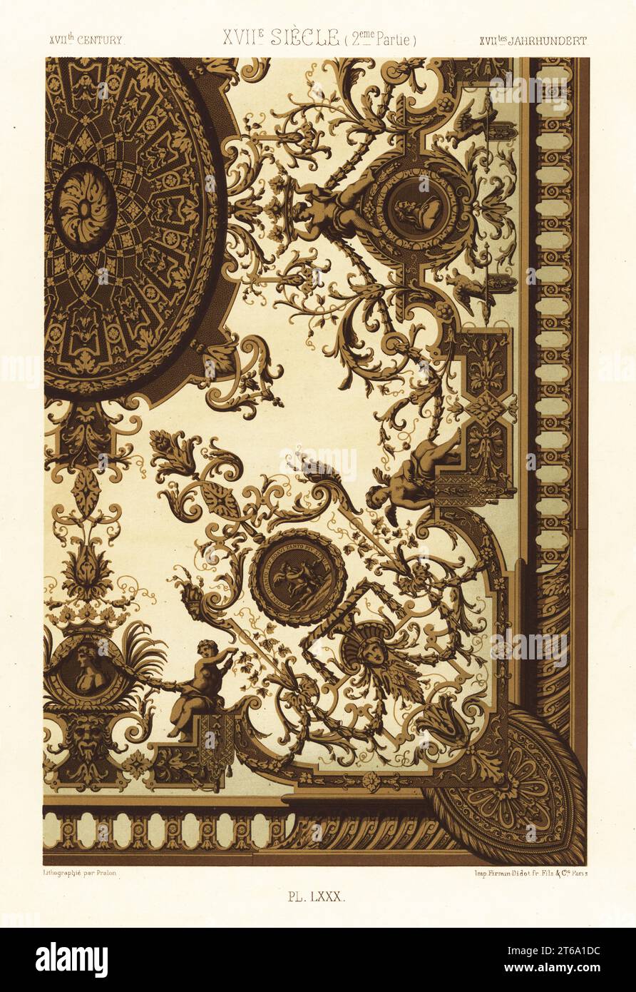 Gebogene vergoldete Decke, 17. Jahrhundert. Im antiken Hotel de Mailly in Paris, das Daniel Marot zugeschrieben wird. XVIIme Siecle. Handgefertigte Chromolithographie von Pralon von Albert-Charles-Auguste Racinets LOrnement polychrome, (polychromatisches Ornament), Firmin-Didot, Paris, 1869-73. Stockfoto