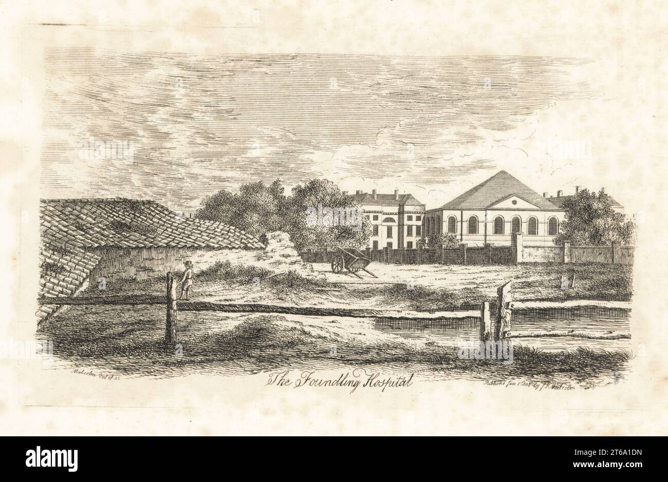 The Foundling Hospital, Bloomsbury, London, 1807. 1739 von Kapitän Thomas Coram gegründet, um Waisenkinder und weggeworfene Kinder aufnehmen zu können. Kupferstich gezeichnet und gestochen von James Peller Malcolm aus seinen Anekdoten der Manners and Customs of London im 18. Jahrhundert, Longman, Hurst, London, 1808. Malcolm (1767-1815) war ein amerikanisch-englischer Topograph und Kupferstecher, Fellow der Society of Antiquaries. Stockfoto