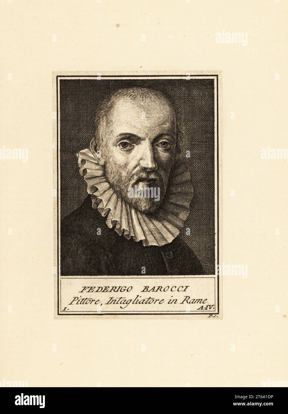 Porträt von Federico Barocci (c. 1535-1612), italienischer Renaissance-Maler und Grafiker. Sein ursprünglicher Name war Federico Fiori, und er wurde Il Baroccio genannt. Federigo Barocci, Pittore, Itagliatore in Rame. Kupferstich von P nach einem Selbstporträt von Barocci. Stockfoto Porträt von Federico Barocci (c. 1535-1612), italienischer Renaissance-Maler und Grafiker. Sein ursprünglicher Name war Federico Fiori, und er wurde Il Baroccio genannt. Federigo Barocci, Pittore, Itagliatore in Rame. Kupferstich von P nach einem Selbstporträt von Barocci. Stockfoto