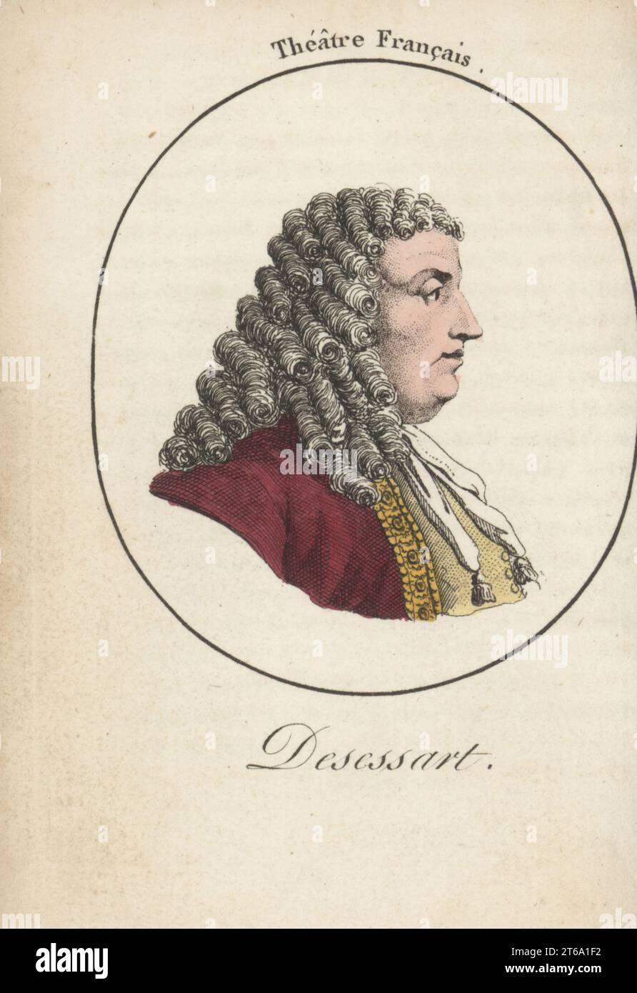 Denis Deschanet oder des Essarts, französischer Schauspieler, 1737-1793. Er debütierte 1772 im Comedie-Francais, starb 1793 nach der Schließung des Theaters und der Inhaftierung seiner Kameraden während der Französischen Revolution. Desessarts. Theater Francais. Handkolorierter Kupferstich nach Jacques Grasset Saint-Sauveur von Acteurs et Actrices Cebres, berühmten Schauspielern und Schauspielerinnen, Le Caliz Latour Libraire, Paris, 1808. Stockfoto