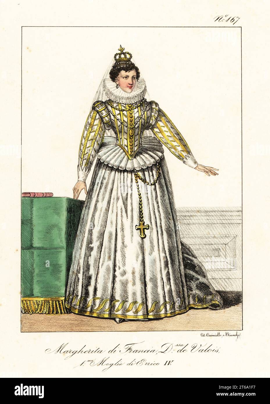 Margaret von Frankreich, Herzogin von Valois, 1553-1615. Erste Ehefrau von König Heinrich III. Von Navarra, später Heinrich IV. Von Frankreich. Porträt von ihr in voller Länge in Krone, Spitzenkragen, spanischem Kleid mit Röcken über Vertugadin oder Weitwinde, geschlitztem Mieder und Ärmeln. Marguerite de France, Herzogin de Valois. 1er femme de Henry IV 1. Stockfoto