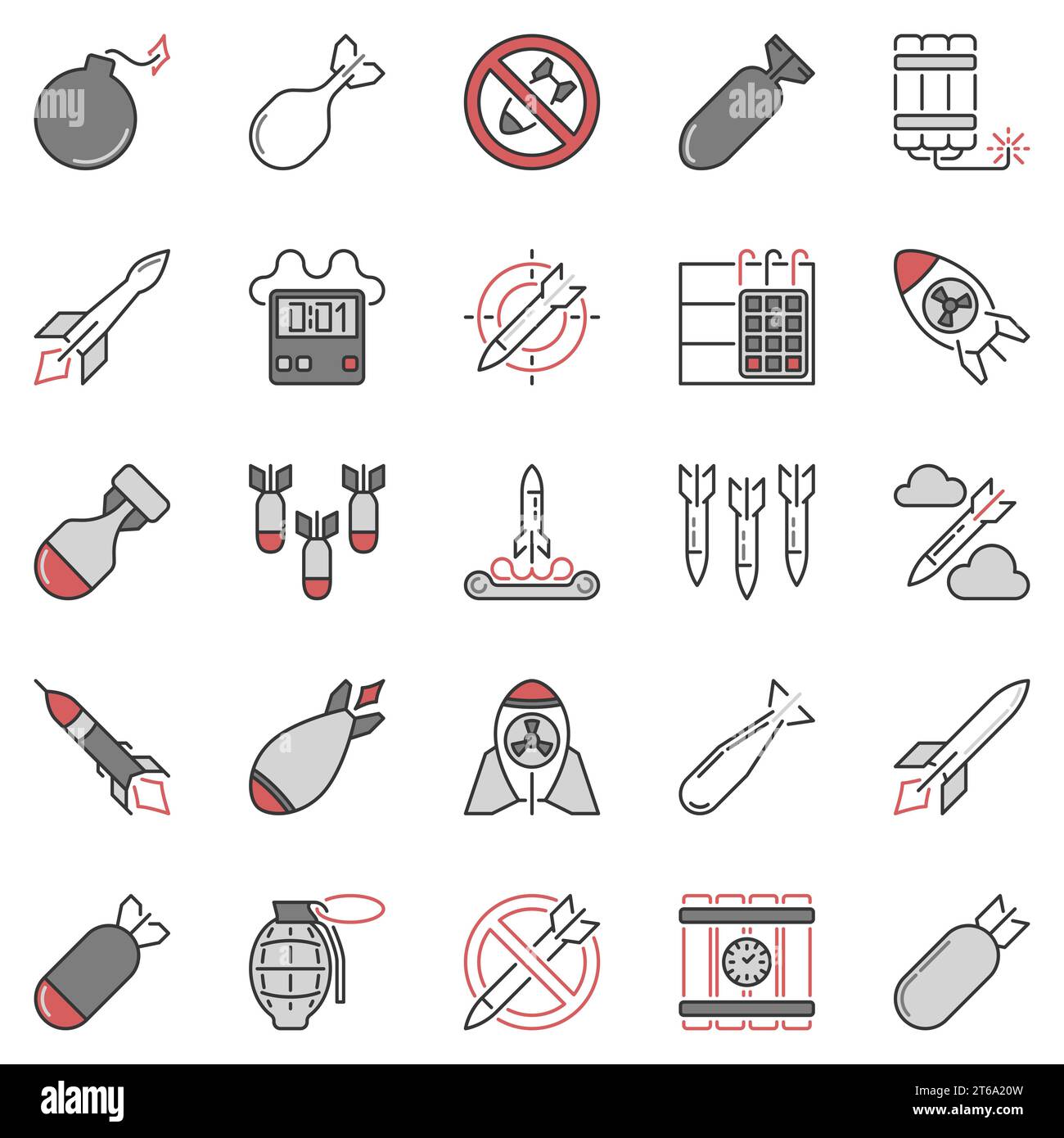 Airstrike and Missile Vector Concept Colour Icons Kollektion. Atombomben und Dynamit-Zeichen Stock Vektor