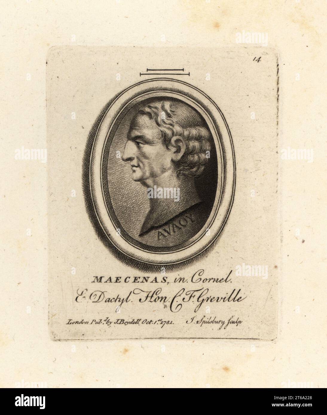 Gaius Cilnius Maecenas um 70 v. Chr. 8 v. Chr., Freund und politischer Berater von Octavian, der später als Augustus regierte. Unterzeichnet von AVAOY in Maisol und Daktylotheca. Maecenas in Cornel & Dactyl. Aus der Sammlung des Antiquariats Charles Francis Greville. Mezzotint Kupferstich von John Spilsbury aus seiner Sammlung von fünfzig Drucken aus Antique Gems, John Boydell, London, 1785. Stockfoto