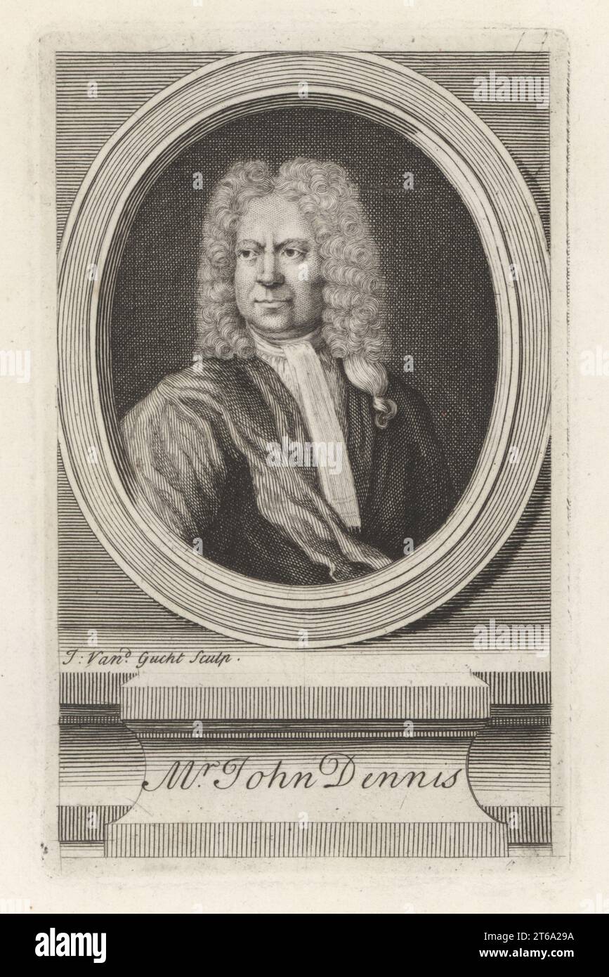 John Dennis, englischer Dramatiker und Literaturkritiker, 1657–1734. Kaffeehaus Witz, Erfinder des neuen Bühnengewitters. Porträt in Puderperücke, Krawatte und Gewand. Originalplatte von John Vandergucht. Kupferstich aus der Samuel Woodburns Gallery mit seltenen Porträts bestehend aus Original Plates, George Jones, 102 St Martins Lane, London, 1816. Stockfoto