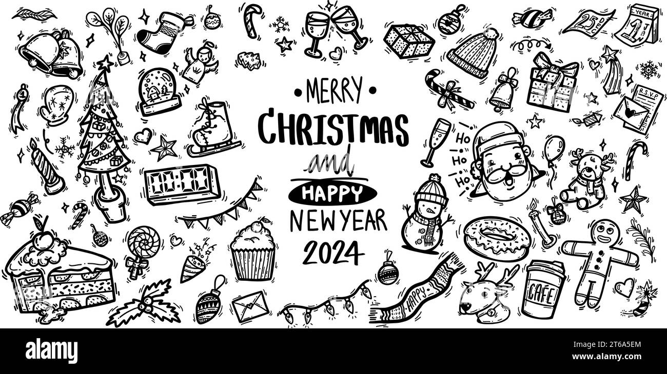 Niedliche Zeichentrickserie handgezeichnet Sammlung von Doodle Weihnachtsschmuck handgezeichnet Set für Weihnachtsfeiertage und Silvester 2024 Party Feier Stock Vektor