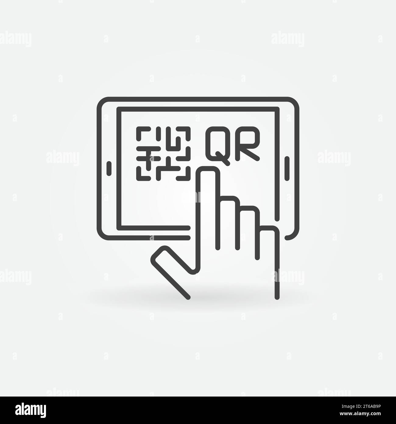 Hand und Tablet mit QR-Code-Symbol für lineares Vektorkonzept oder Logo-Element Stock Vektor
