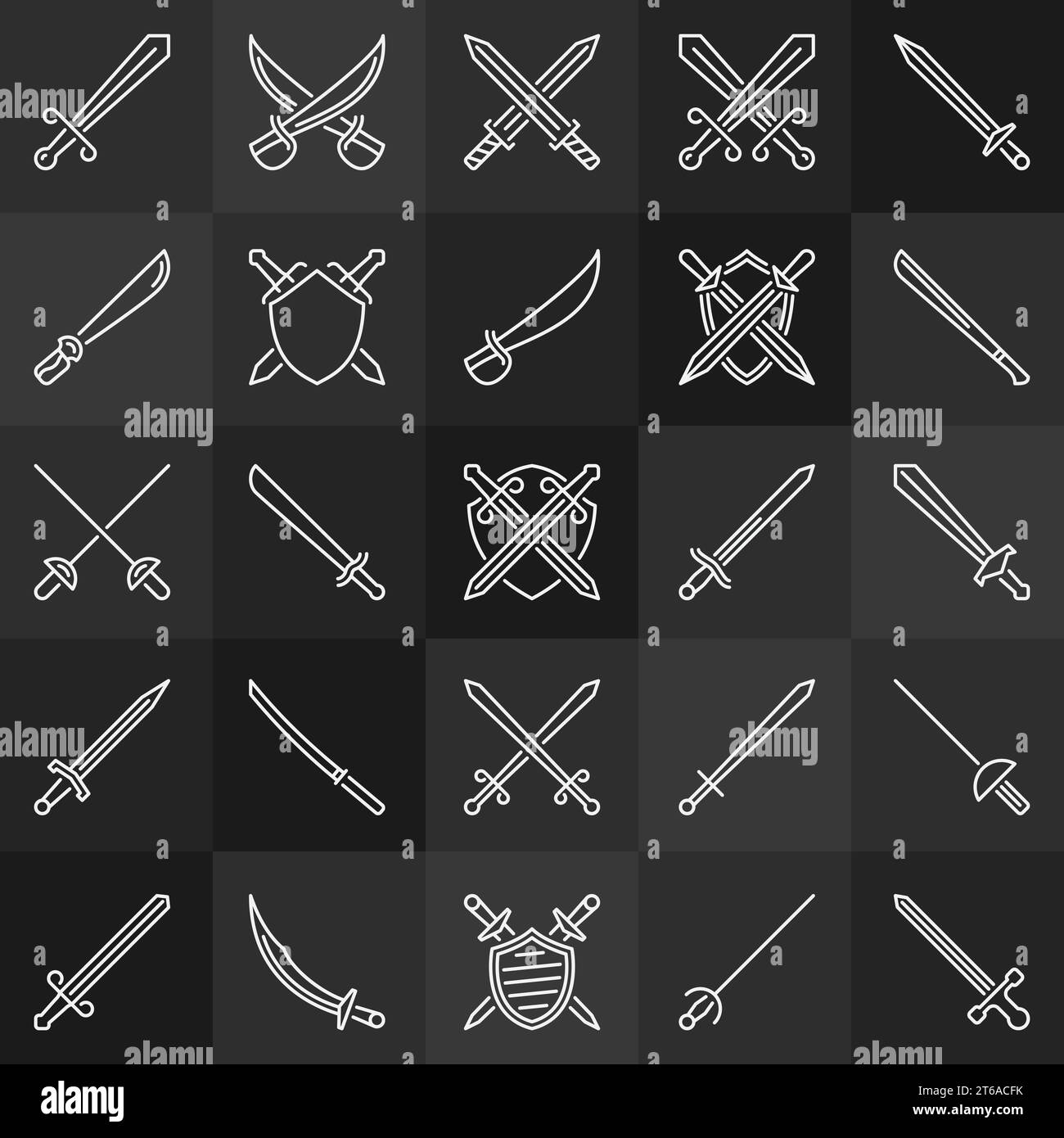 Schild- und Schwertvektor umreißen Symbole oder Designelemente auf dunklem Hintergrund Stock Vektor