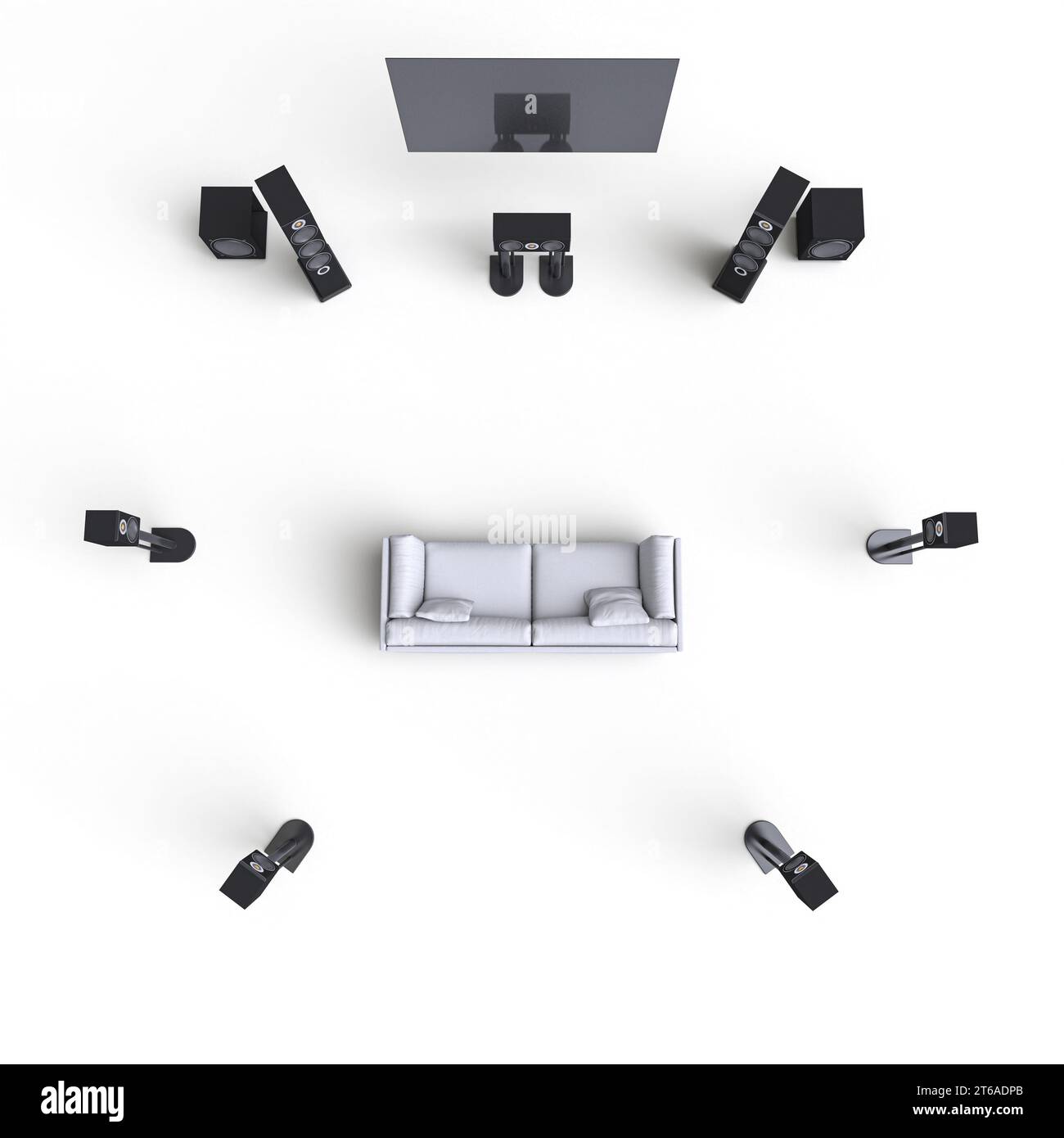 Home Entertainment-Surround Sound-System auf weißem Hintergrund. 3D-Rendering Stockfoto