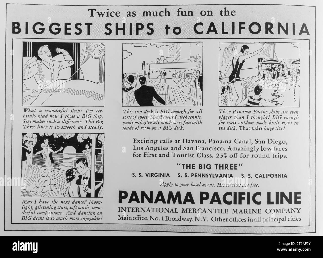 1934 Panama Pacific Line Sea Trip große Schiffe fahren nach Kalifornien Stockfoto