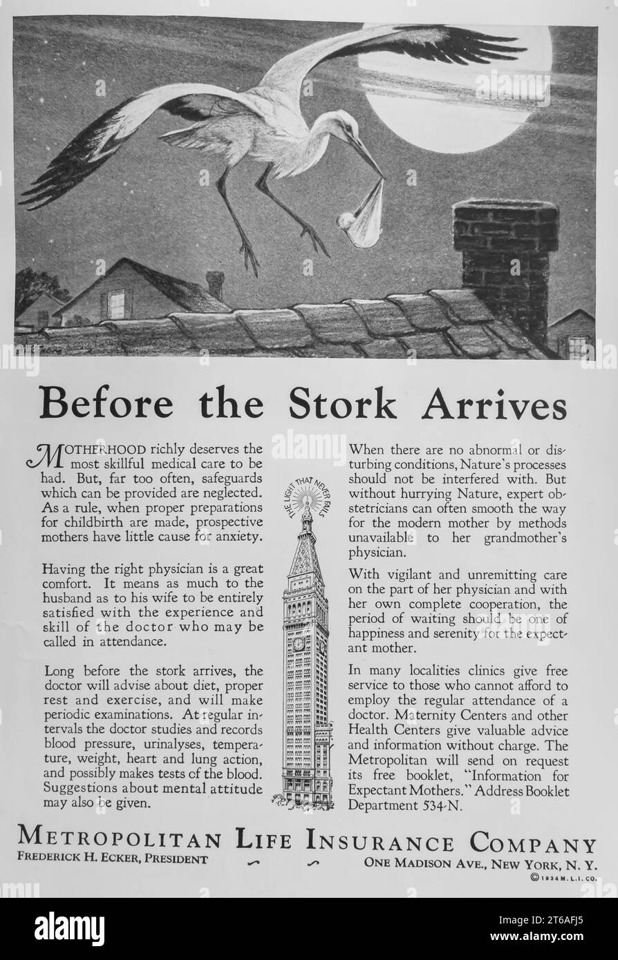1934 Anzeige für Metropolitan Life Insurance Company. "Bevor der Storch kommt." Stockfoto