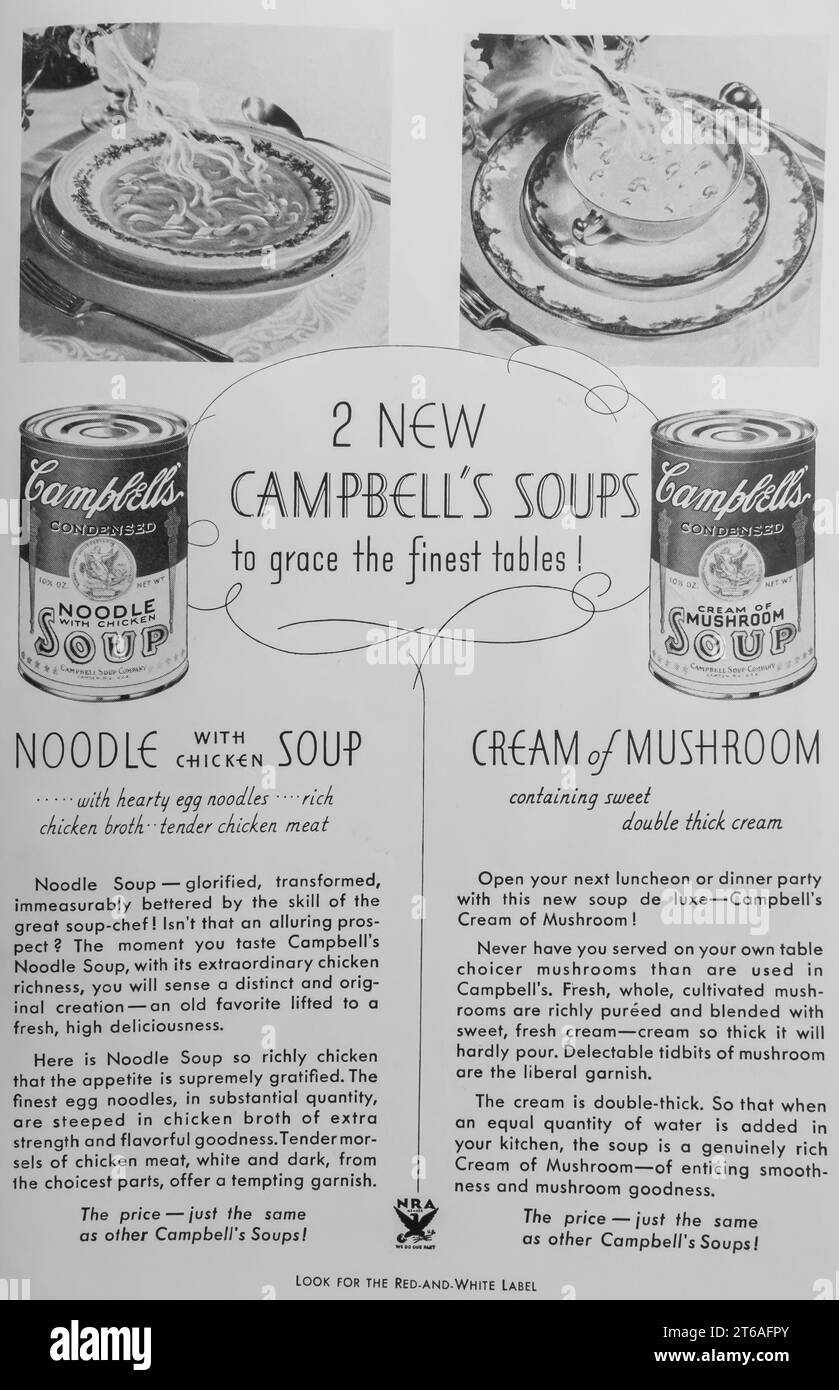 1934 Campbells Werbespot. Zwei neue Campbells-Suppen: Nudeln mit Hühnersuppe und Creme von Pilzsuppe Stockfoto