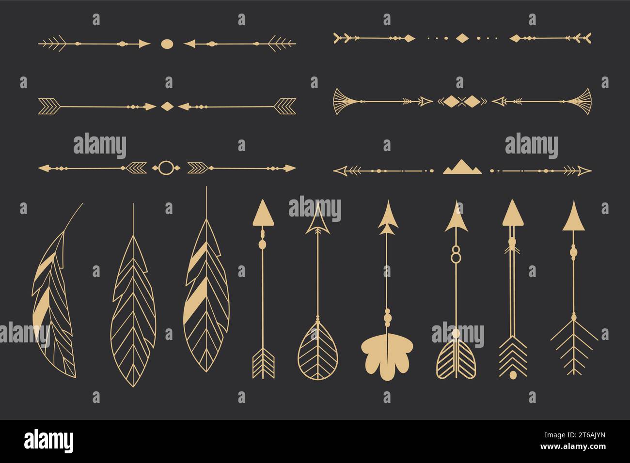 Set goldene Stammesfedern Linie Kunst einheimischer Pfeil ethnischer indianer im Doodle-Stil auf dunklem Hintergrund. Geometrische Boho-Elemente. Vektorabbildung Stock Vektor