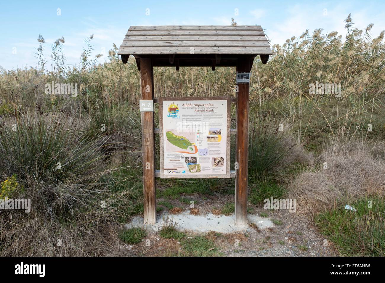 Besucherkarte am Eingang zum Naturreservat Akrotiri Marsh, einem einzigartigen natürlichen Feuchtgebiet auf der Halbinsel Akrotiri, Limassol, Zypern. Stockfoto