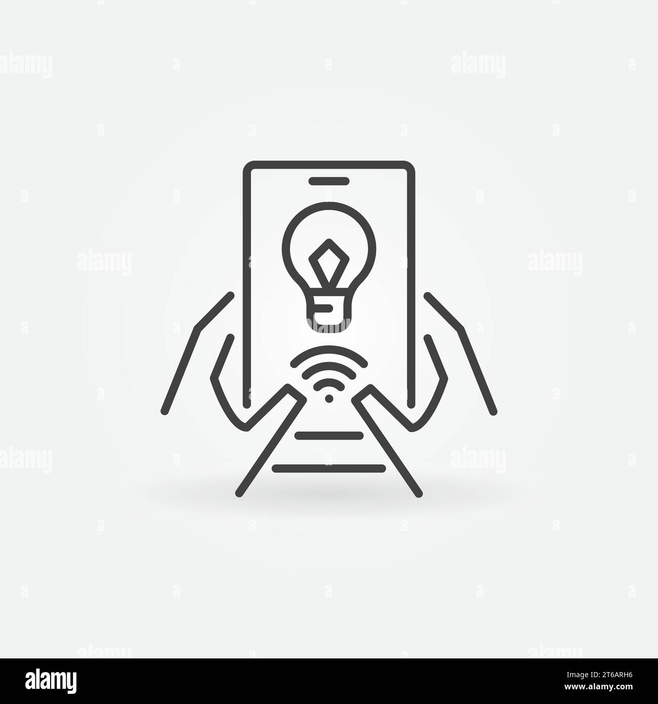 Smartphone und Smart Glühlampe App in Händen Vektor Umrisssymbol oder -Schild Stock Vektor