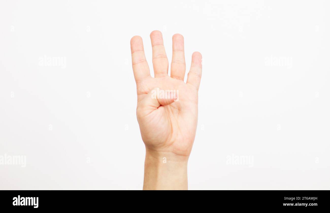 Hand mit Nummer vier auf weißem Hintergrund, Nahaufnahme. Gebärdensprache Stockfoto