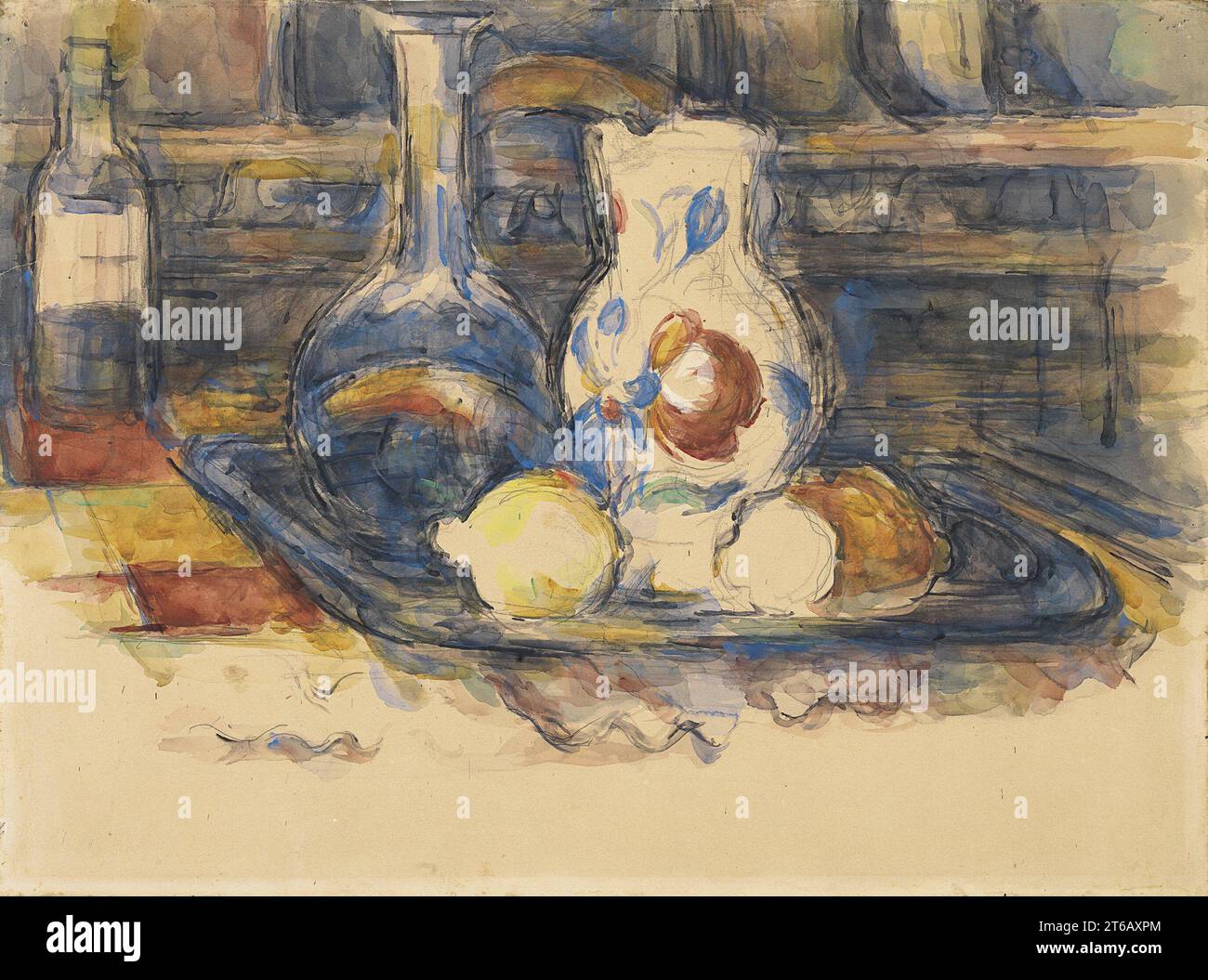 Titel: Flasche, Karaffe, Krug und Zitronen Künstler: Paul Cézanne Datum: 1902–1906 Medium: Aquarell auf Papier Abmessungen: 44,5 x 60 cm Ort: Museo Nacional Thyssen-Bornemisza, Madrid Stockfoto