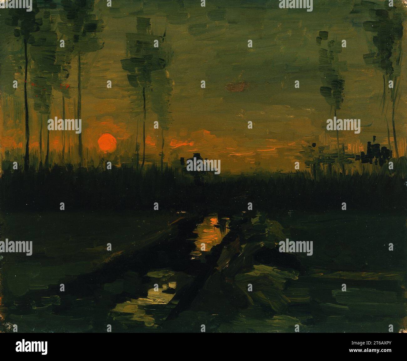 Titel: Abend Landschaft Künstler: Vincent van Gogh Jahr: 1885 Medium: Öl auf Leinwand auf Karton aufgezogen Abmessungen: 35 x 43 cm Ort: Museo Nacional Thyssen-Bornemisza, Madrid Stockfoto