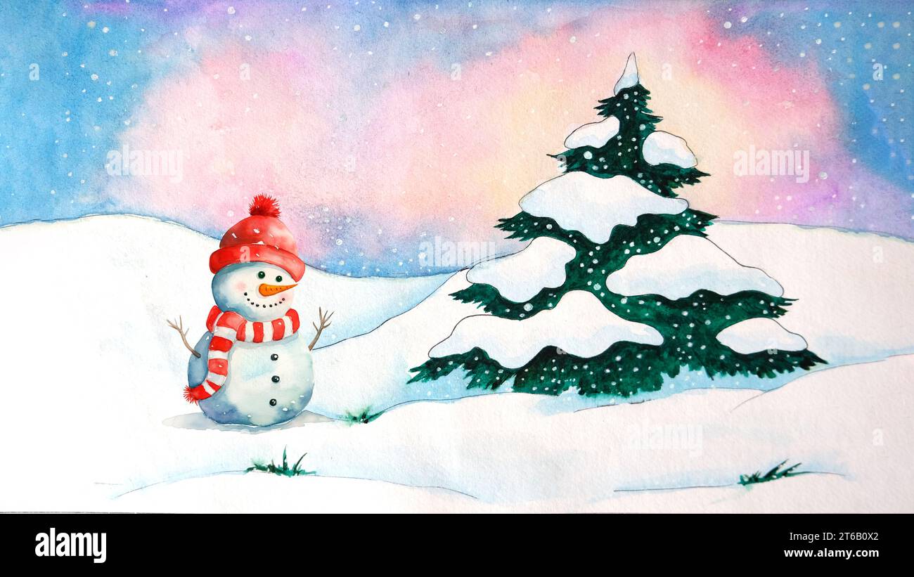 Handgezeichnet von Baum und Schneemann in Hut mit Schal. Festliche Winterkarte Stockfoto
