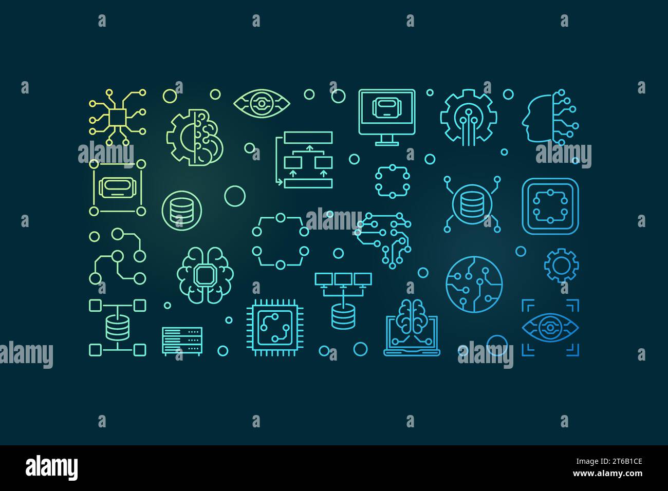 Vector Machine Learning Concept farbige, dünne horizontale Illustration oder Banner auf dunklem Hintergrund Stock Vektor