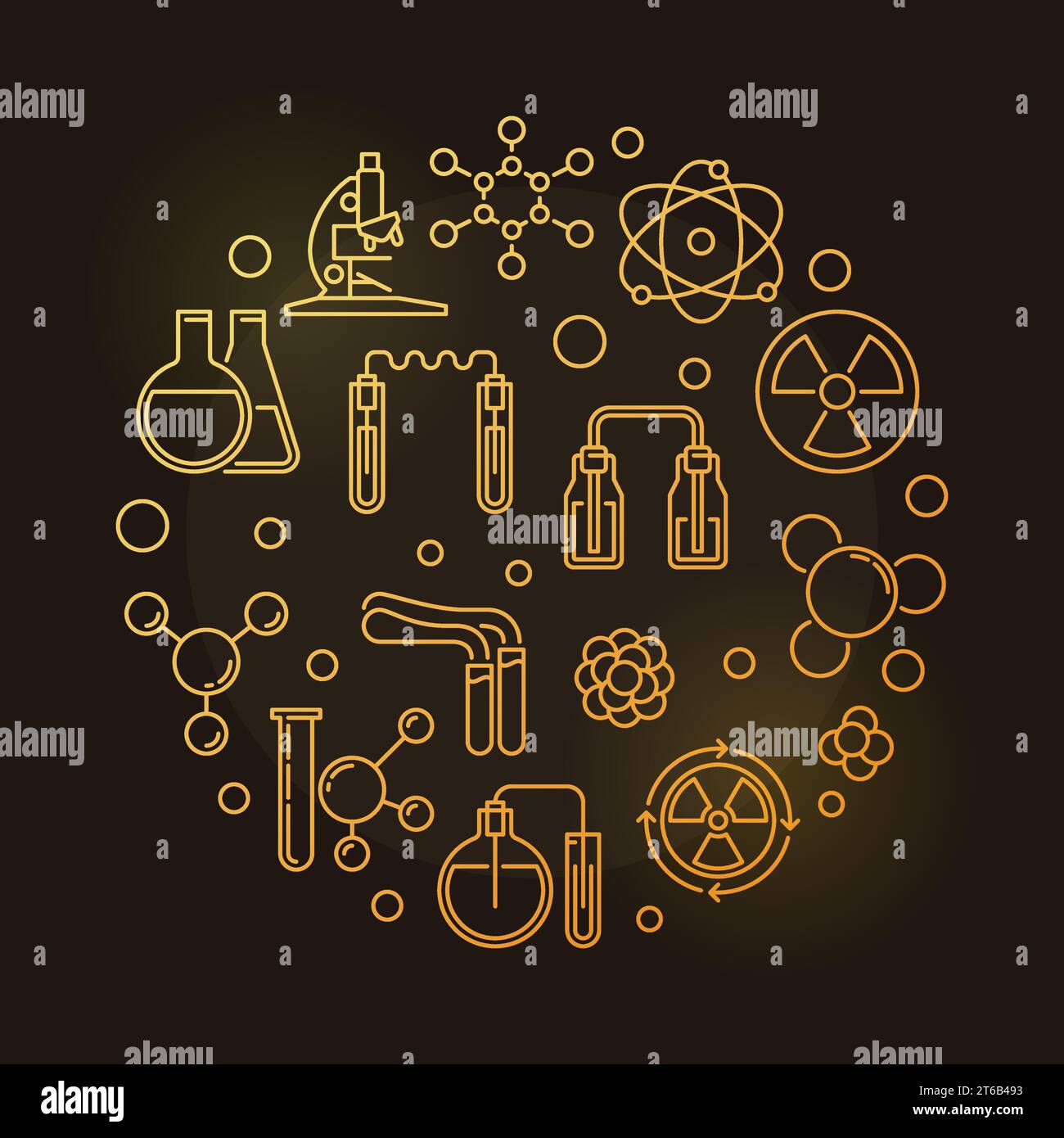 Chemie radioaktiver Elemente vektorfarbenes Konzept rund lineare Illustration auf dunklem Hintergrund Stock Vektor