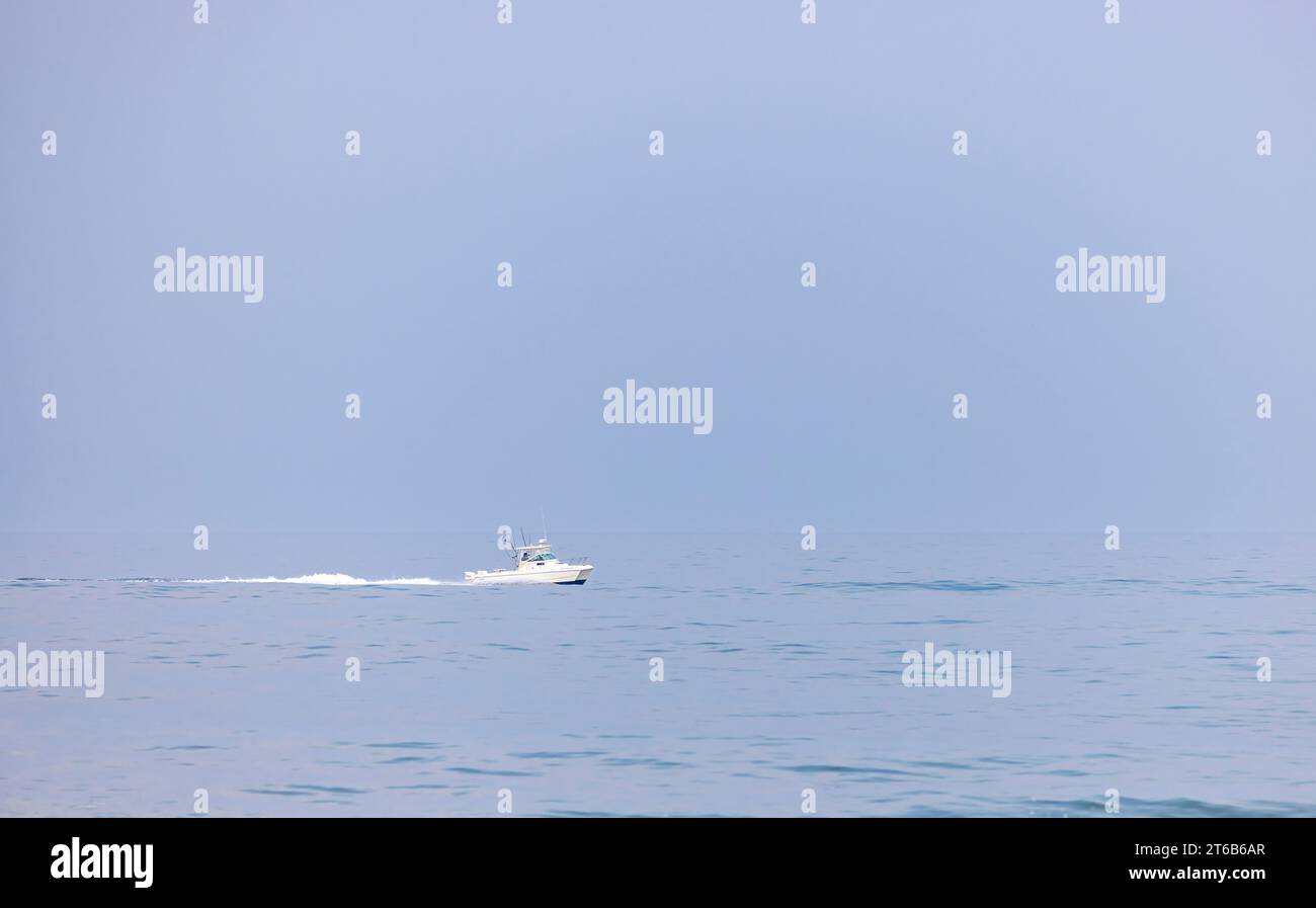 Kleines weißes Fischerboot, das von links nach rechts am Flying Point Beach vor blauem Hintergrund fährt Stockfoto