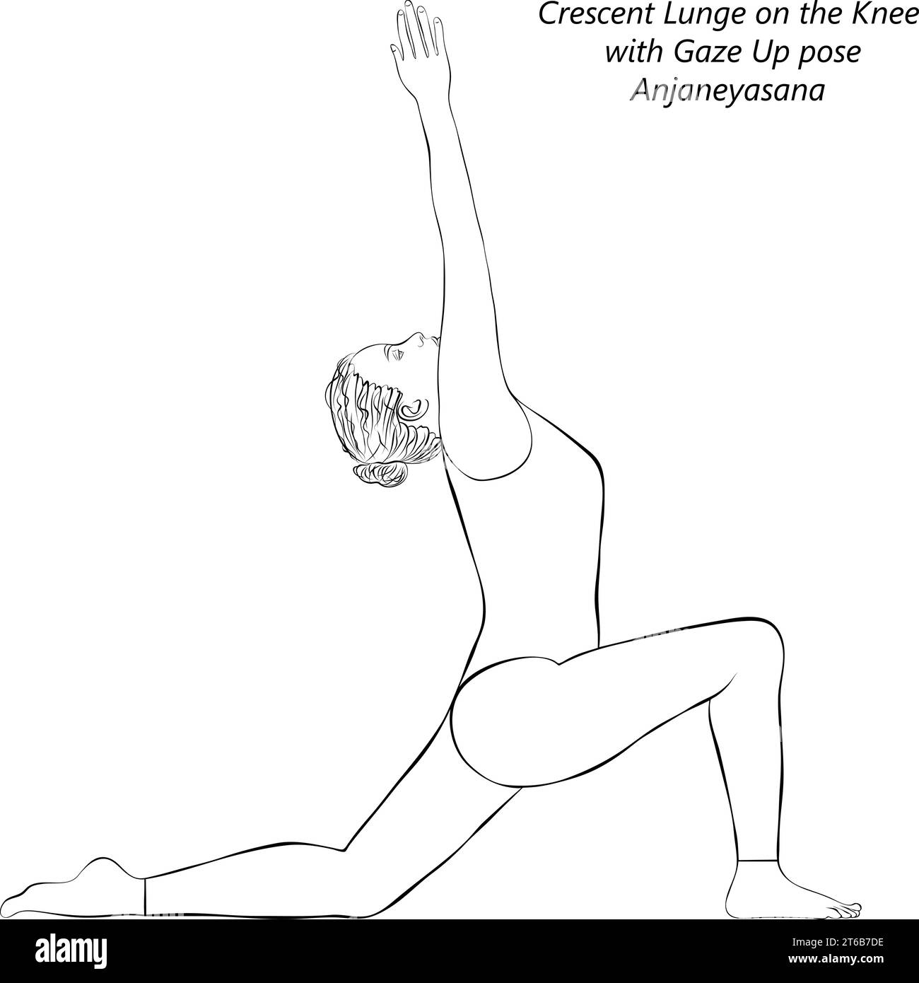 Skizze einer jungen Frau, die Yoga Anjaneyasana macht. Halbmond Ausfallschritt auf dem Knie mit Blickposition nach oben. Isolierte Vektordarstellung. Stock Vektor